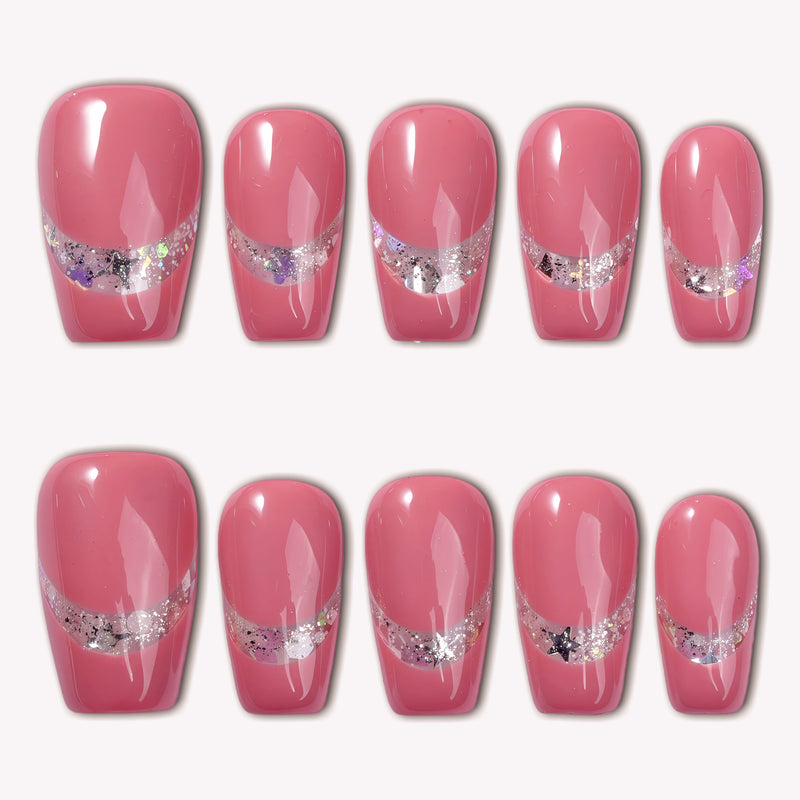 Candy Spark pink glossy press-on nails with a silver glitter accent stripe arranged on a white background