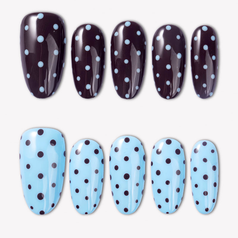 Choco Sky Dots press-on nails with glossy dark chocolate brown and sky blue bases plus contrasting polka dot designs