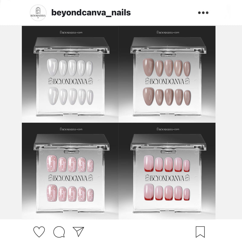Instagram-style social graphic showing four clear-box press-on nail sets in white, nude, pink, and red tones