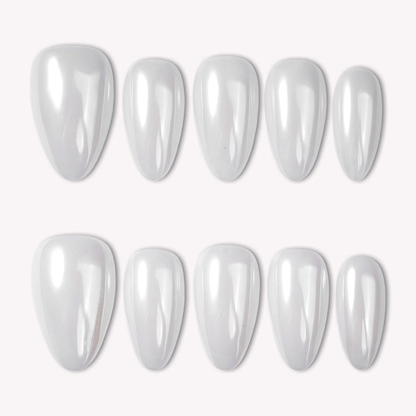 Classic Daily Set press-on nails shown as a flat lay of glossy white almond-shaped nails on a white background