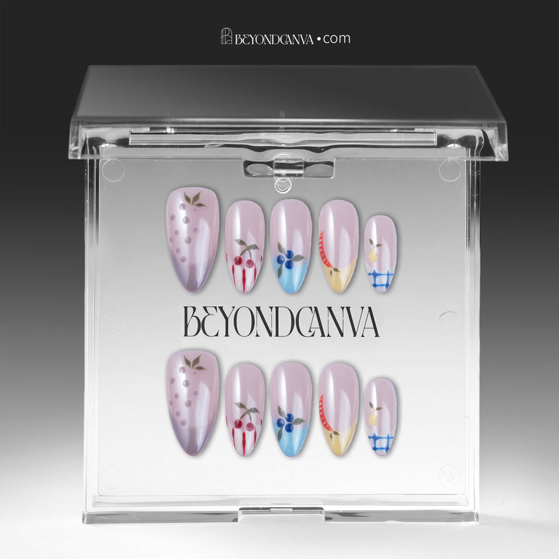 Colorful Harvest press-on nails displayed in a clear BeyondCanva case with pastel pink, lavender, blue, yellow, and fruit accents