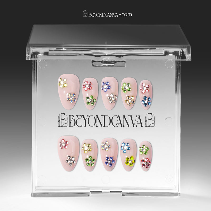 Crystal Dew handmade press on nails displayed in a clear acrylic case with branded packaging and a neutral backing card