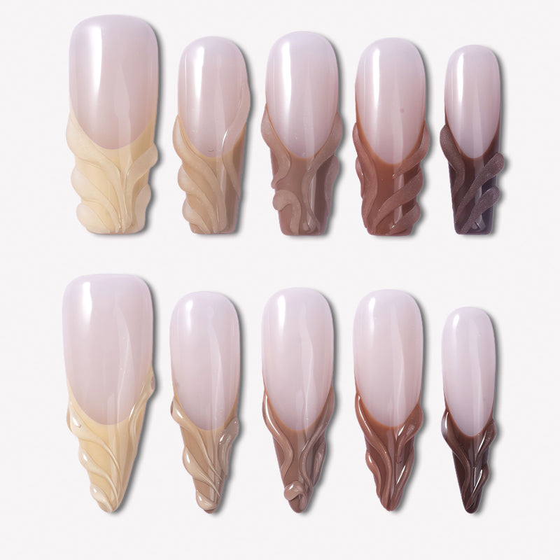 Dance of Shifting Sands press-on nails with glossy nude bases and sand to brown sculpted wave accents arranged in a full set