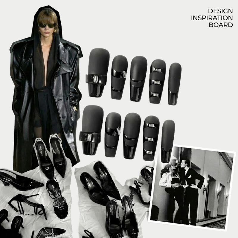 Design inspiration board for Eclipse Luxe press-on nails showing black leather fashion, pointed heels, and black matte glossy rhinestone nail details