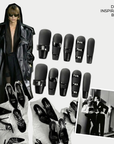 Design inspiration board for Eclipse Luxe press-on nails showing black leather fashion, pointed heels, and black matte glossy rhinestone nail details