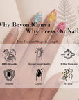 Hand model wearing multicolor floral press-on nails on a botanical sketch background with promotional text