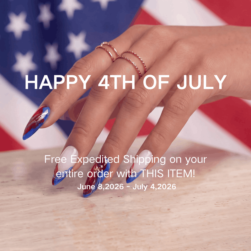 Promotional 4th of July hand model image showing red, white, and blue press-on nails with free expedited shipping text.