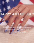 Promotional 4th of July hand model image showing red, white, and blue press-on nails with free expedited shipping text.