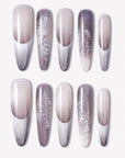 Himalayan Mist press-on nails with gray lilac mist gradient, white French tips, silver crackle linework, and delicate lace-like texture