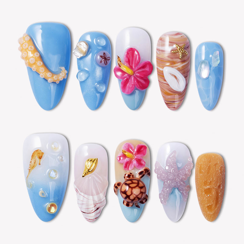 Island Echo blue, white and coral press-on nails with tropical flowers, shells, starfish and sea turtle details