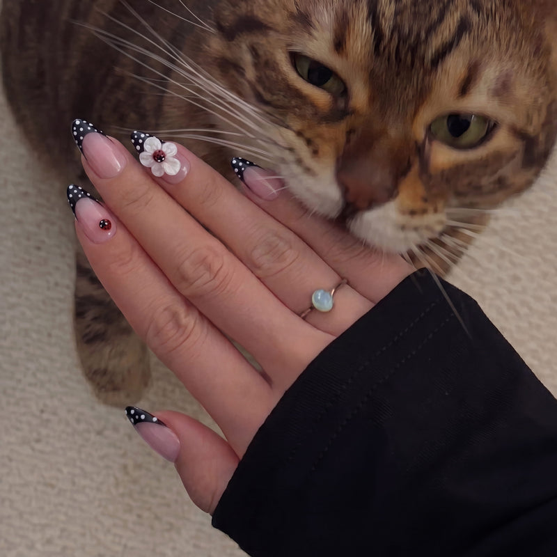 Hand model with a cat wearing Ladybug Garden press-on nails with black polka dot French tips, a white flower charm, and red ladybug accents