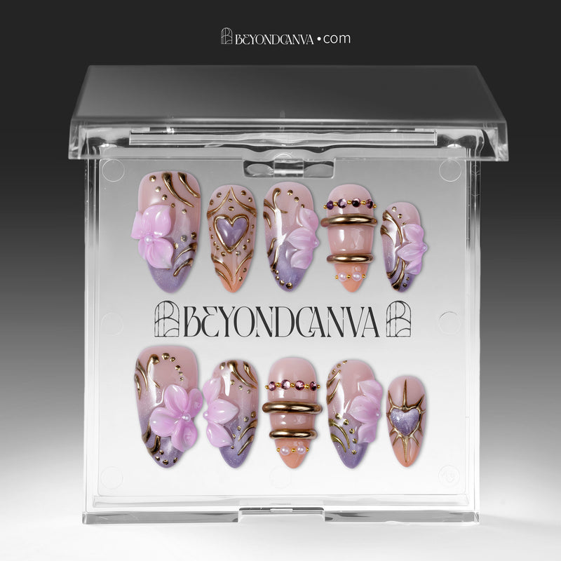 Lavender Lyric handmade press on nails displayed in a clear acrylic case with branded packaging and a white backing card