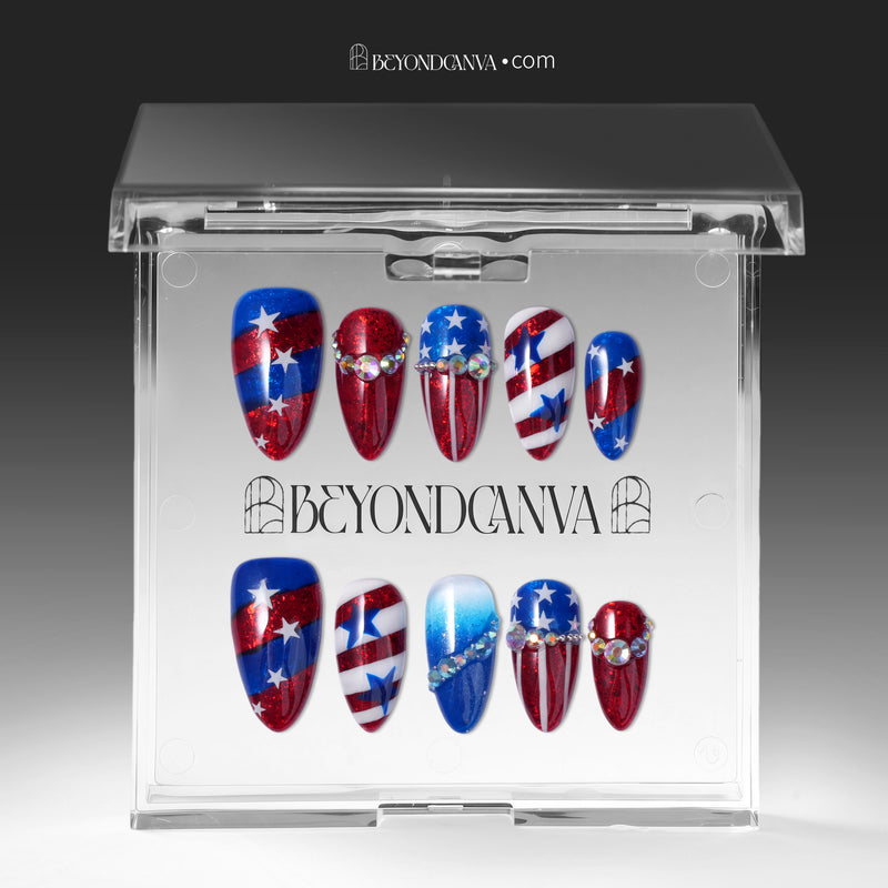 Patriotic press-on nails displayed in a clear BeyondCanva box with red, white, and blue star and stripe designs.