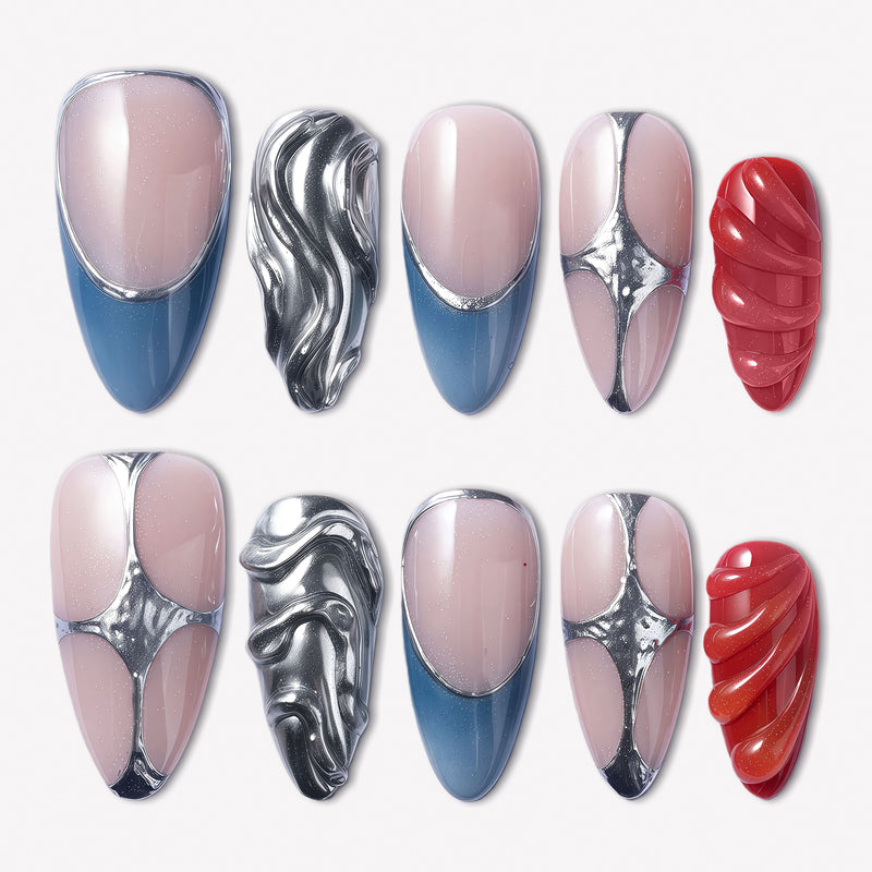 Liquid Mercury press-on nails with blue gray tips, nude pink bases, silver chrome swirls, and glossy red textured accents