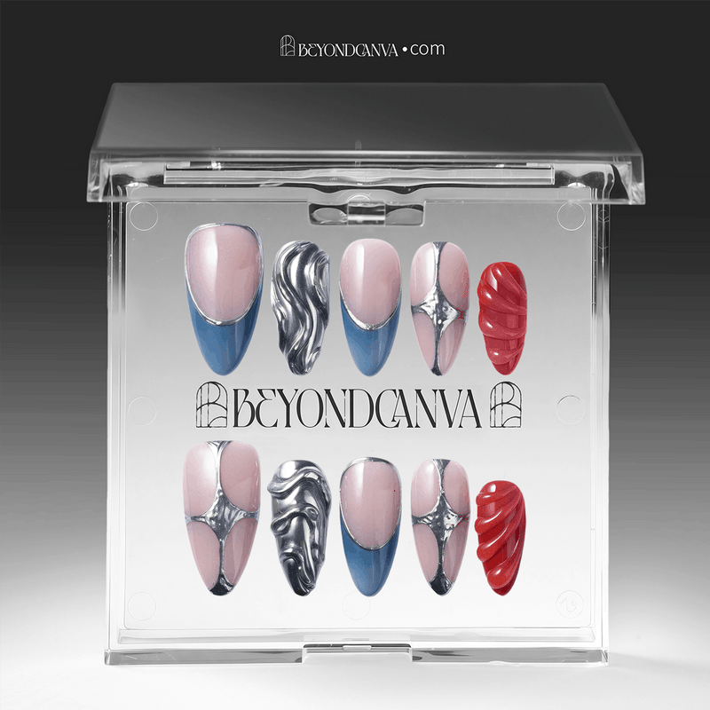 Packaging display of Liquid Mercury press-on nails in a clear Beyondcanva case with silver chrome, blue gray, nude pink, and red designs