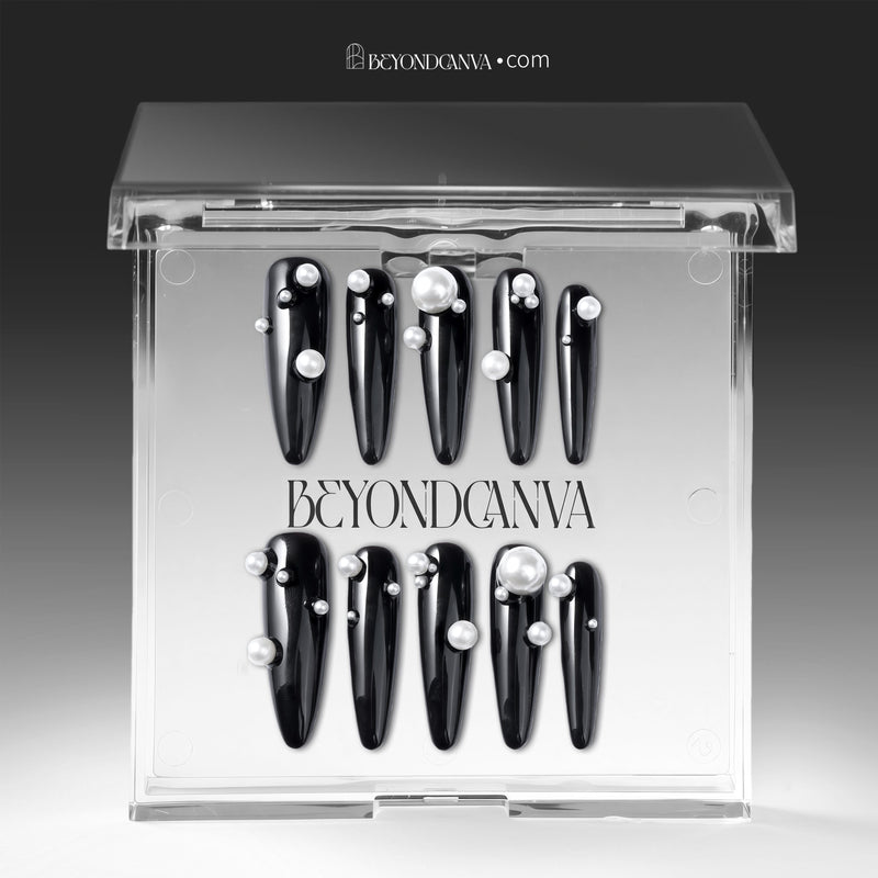 Louboutin Pearl Noir press-on nails displayed in a clear BeyondCanva case with glossy black finish and pearl embellishments