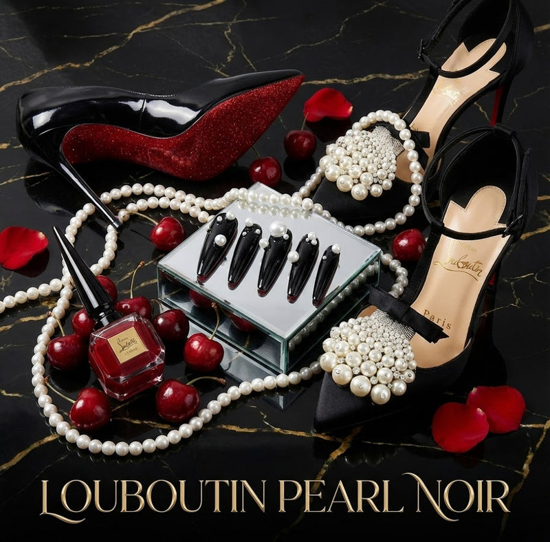 Promotional collage for Louboutin Pearl Noir press-on nails with black heels, pearls, and cherry accents