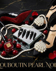 Promotional collage for Louboutin Pearl Noir press-on nails with black heels, pearls, and cherry accents