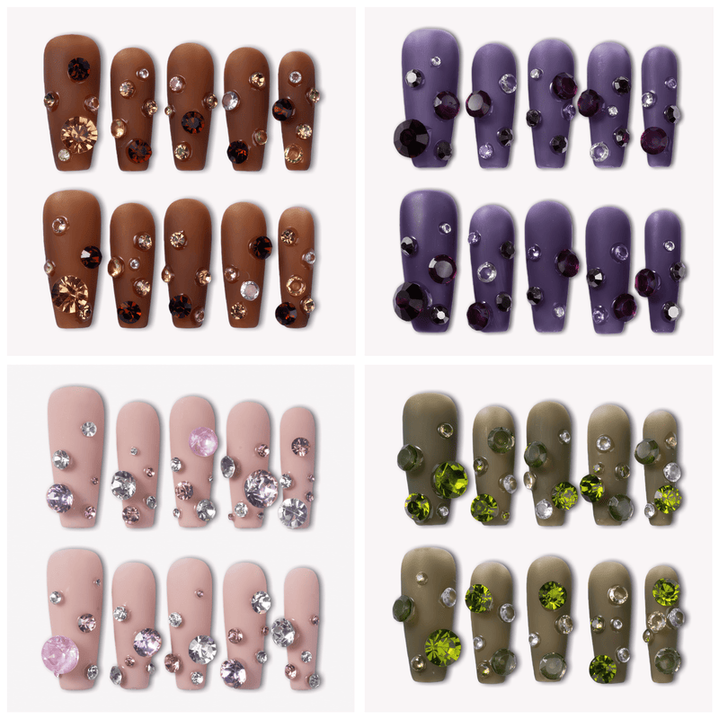 Luxurious Treasure press-on nails color variant collage with brown, purple, nude pink, and olive green square nail sets covered in large rhinestone gems
