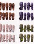 Luxurious Treasure press-on nails color variant collage with brown, purple, nude pink, and olive green square nail sets covered in large rhinestone gems
