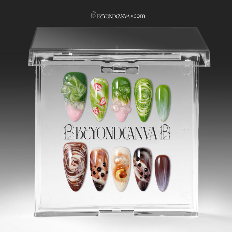 Matcha &amp; Boba handmade press on nails displayed in a clear acrylic case with branded packaging and a white backing card