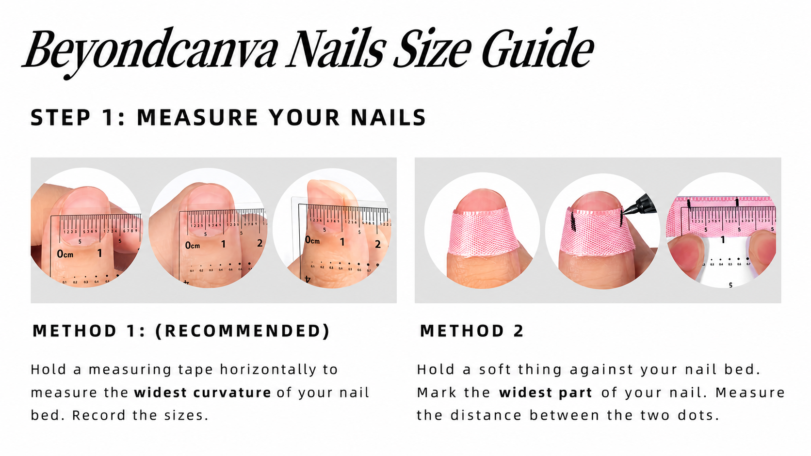 Beyondcanva nail size guide showing two methods for measuring nail bed width.
