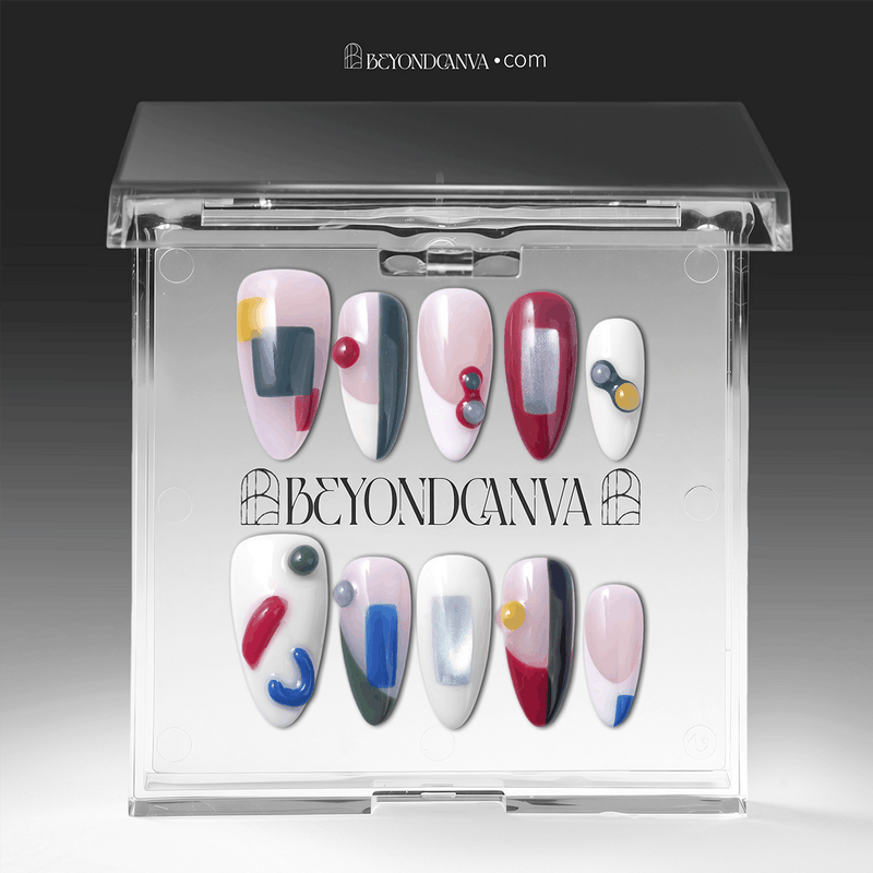 Packaging display of Modernist Dream press-on nails in a clear Beyondcanva case with abstract red blue yellow gray color blocks and raised round accents