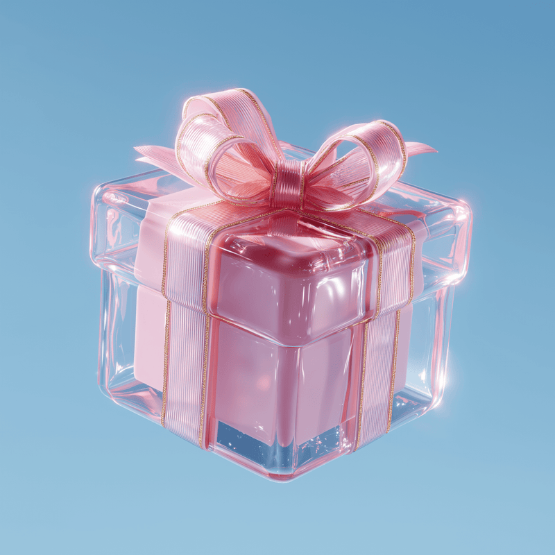 Mysterious Gift shown as a glowing pink glass present box with ribbon against a light blue background