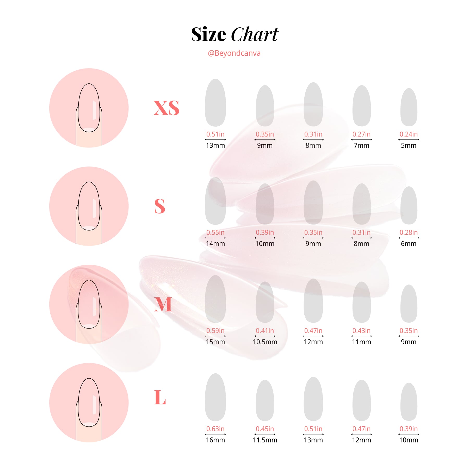 BEYONDCANVA size chart, providing detailed measurements for different sizes to help customers choose the perfect fit for their nails, ensuring a natural and comfortable look.