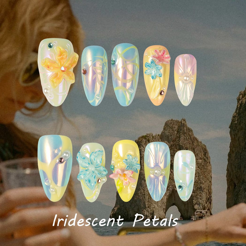 Iridescent Petals press-on nails style card with blue, yellow and pearl floral designs and rhinestone accents