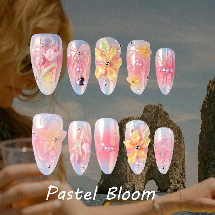 Pastel Bloom press-on nails style card with pink, blue and yellow floral designs, pearls and rhinestones