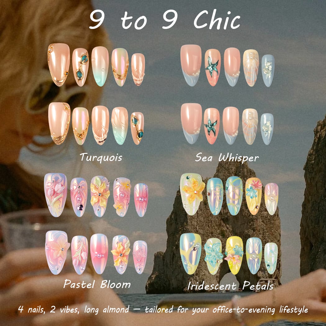 9 to 9 Chic press-on nail style collection chart showing turquoise, sea whisper, pastel bloom and iridescent petals sets