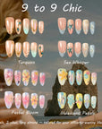 9 to 9 Chic press-on nail style collection chart showing turquoise, sea whisper, pastel bloom and iridescent petals sets
