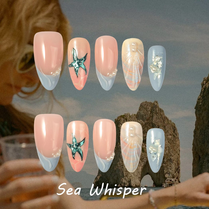 Sea Whisper press-on nails style card with peach and blue coastal nails, starfish, shells and pearl accents