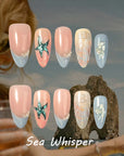 Sea Whisper press-on nails style card with peach and blue coastal nails, starfish, shells and pearl accents