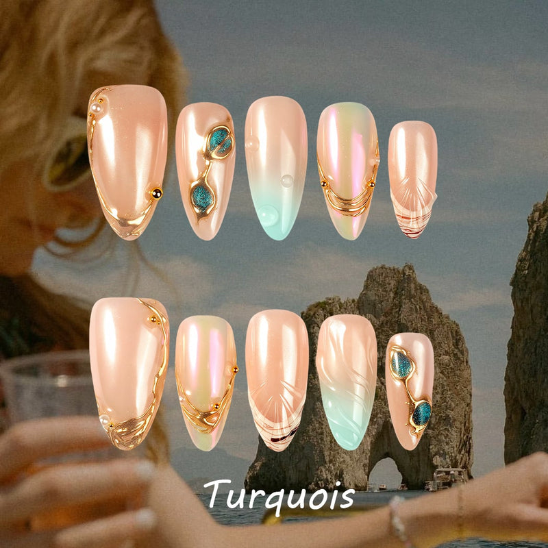 Turquoise press-on nails style card with nude, mint and iridescent finishes plus gold and turquoise stone accents