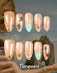 Turquoise press-on nails style card with nude, mint and iridescent finishes plus gold and turquoise stone accents