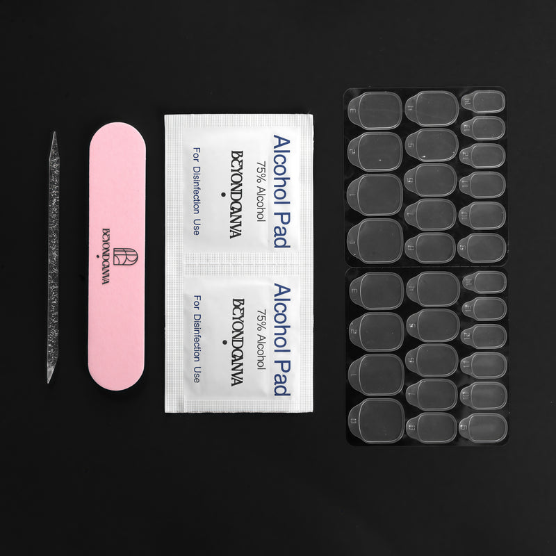 Press-on nail size chart showing XS, S, M, and L measurements in millimeters and inches.