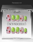 Pastel Dream handmade press-on nails displayed inside a clear packaging box with pink and lime nail sets