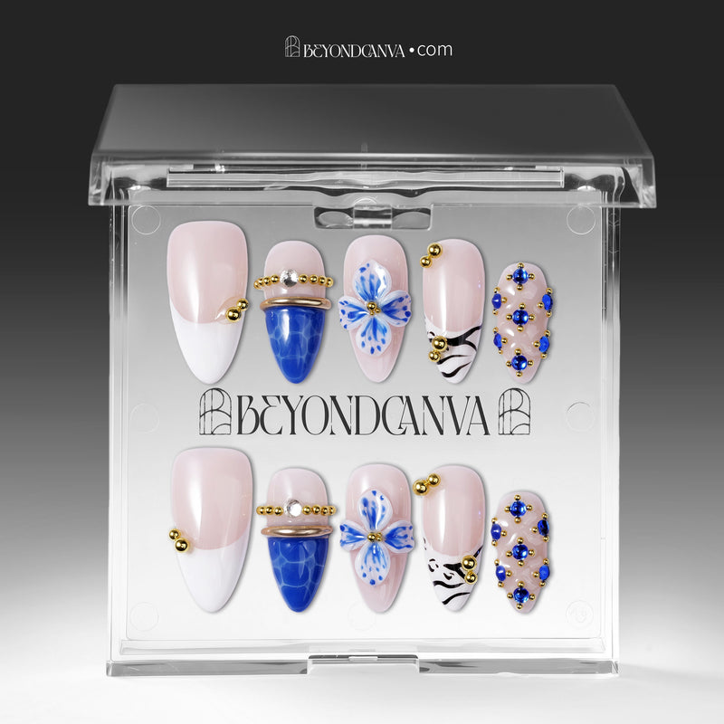 Packaging display of Porcelain Azure handmade press-on nails inside a clear box with BEYONDCANVA branding.