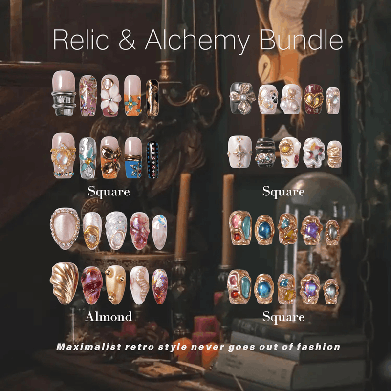 Overview poster for the Relic & Alchemy Bundle showing assorted ornate nail designs in square and almond shapes.