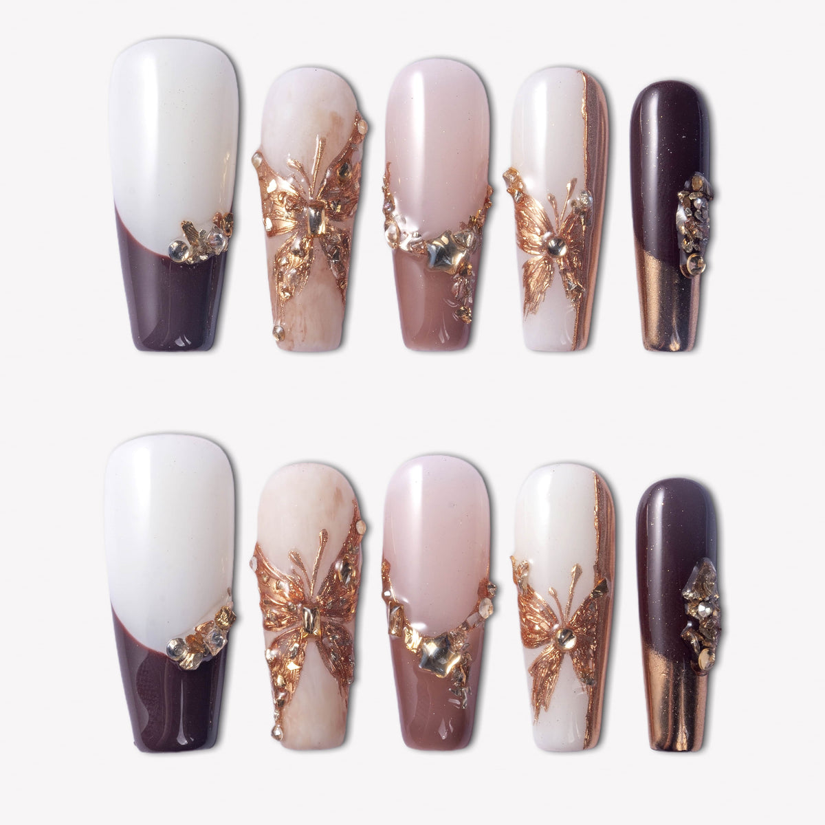 Rosegold Flutter press-on nails with burgundy, pink, and white glossy designs, rosegold butterfly charms, and rhinestone accents