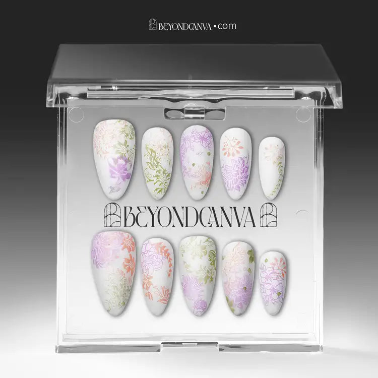 Secret Garden press-on nails displayed in a clear packaging box with floral patterns