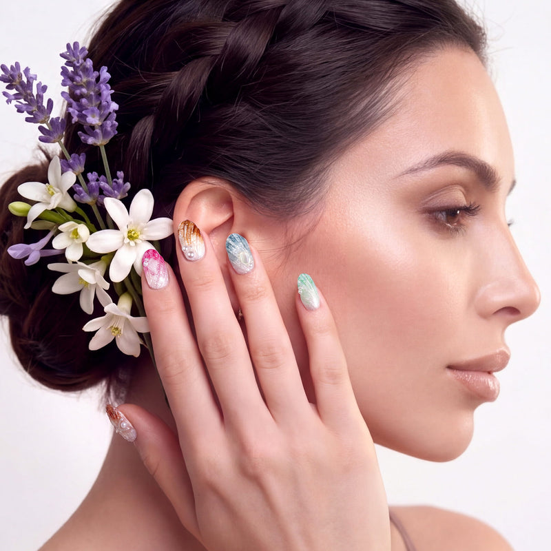 Hand model posing with multicolor pearl-textured press-on nails and flowers in the hair against a white background.