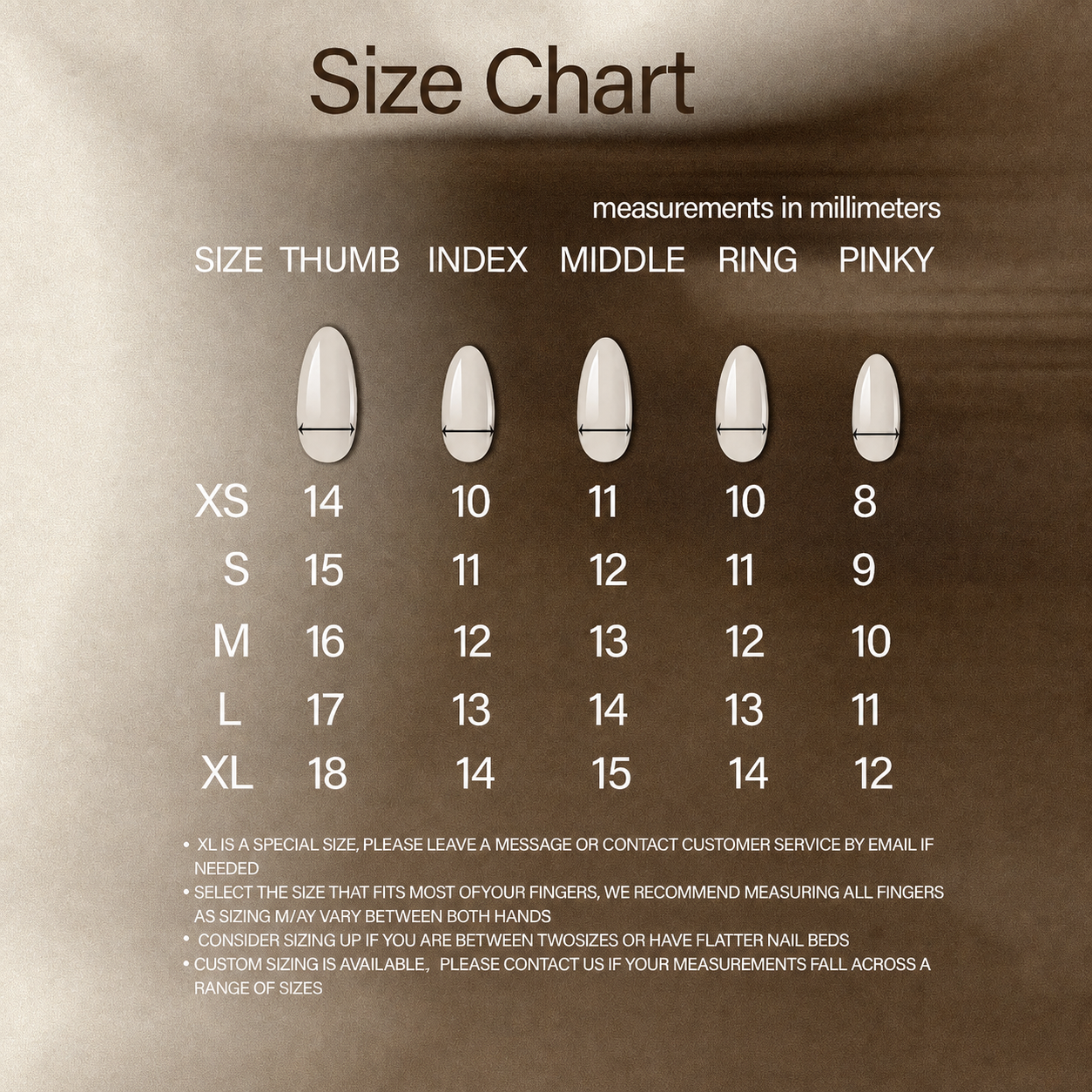 Press-on nail width size chart from XS to XL in millimeters.