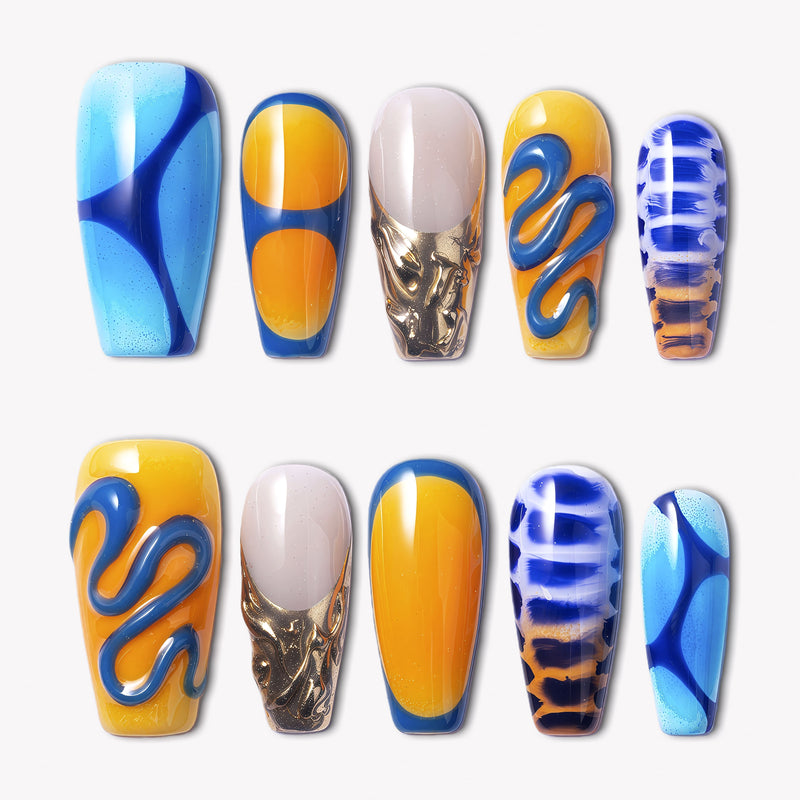 Solar Tide press-on nails with bright blue, orange, and gold wave designs, marbled metallic accents, and glossy finish