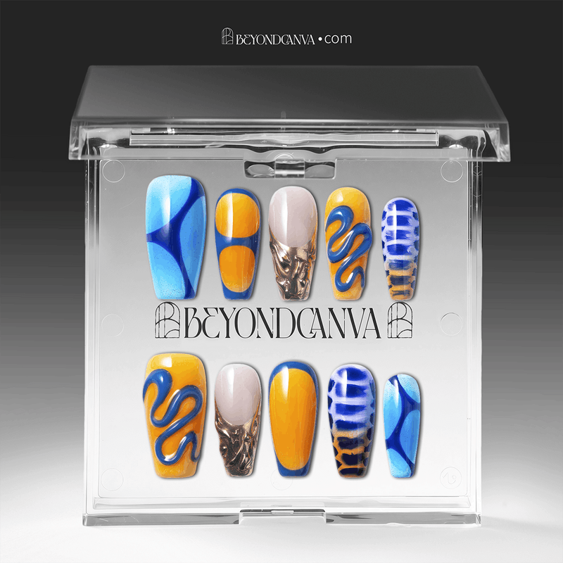 Packaging display of Solar Tide press-on nails in a clear Beyondcanva case with blue, orange, and metallic gold designs