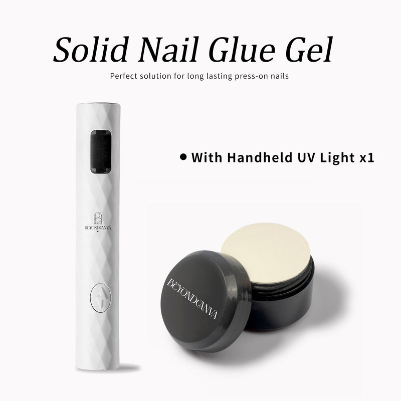 Beyondcanva solid nail glue gel set with a black gel jar and white handheld UV light