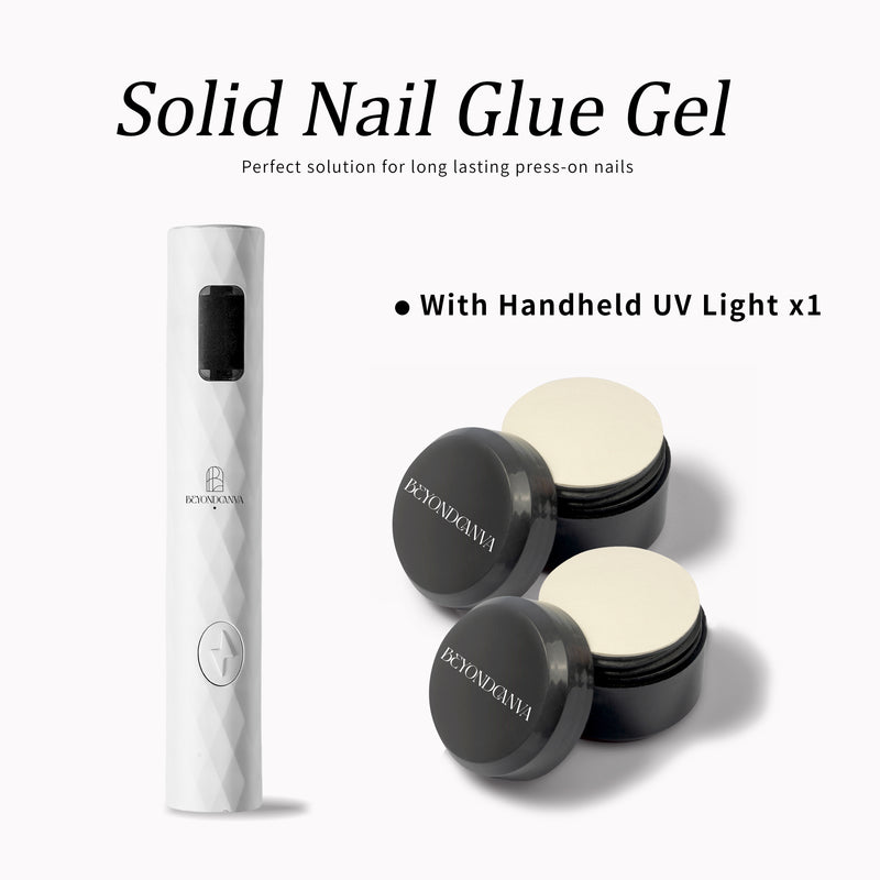 Beyondcanva solid nail glue gel set with two black gel jars and a white handheld UV light