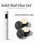 Beyondcanva solid nail glue gel set with two black gel jars and a white handheld UV light